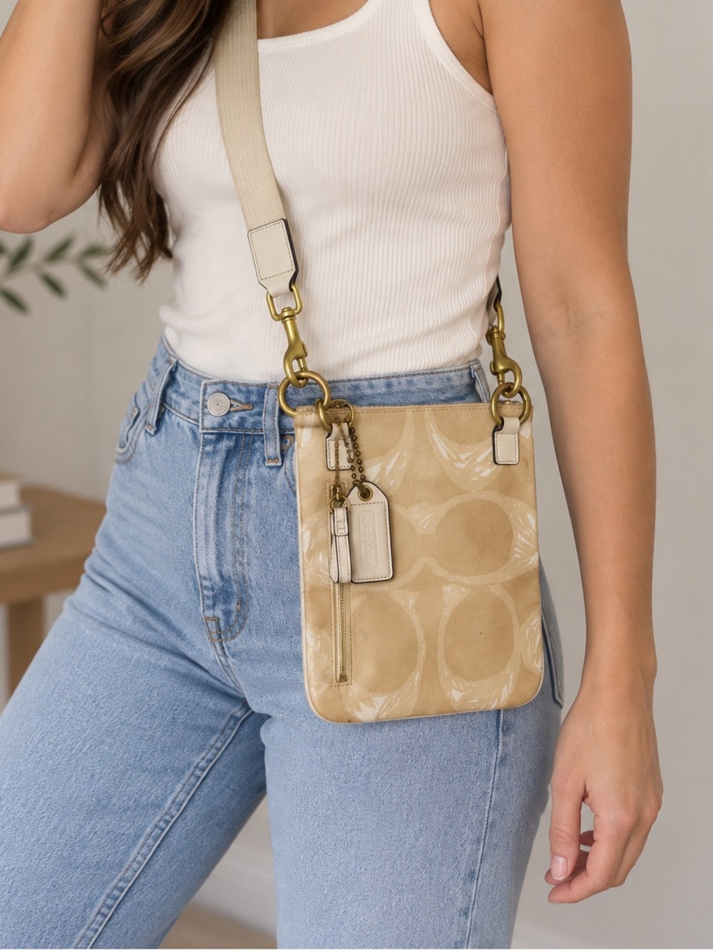 Coach Signature Beige Cream Crossbody Bag Gold Hardware
